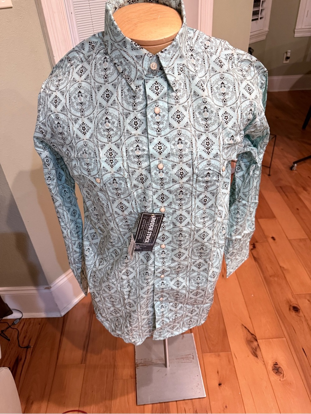 Rough Stock Panhandle Slim Western Shirt M NWT Pearl Snap Aqua Print